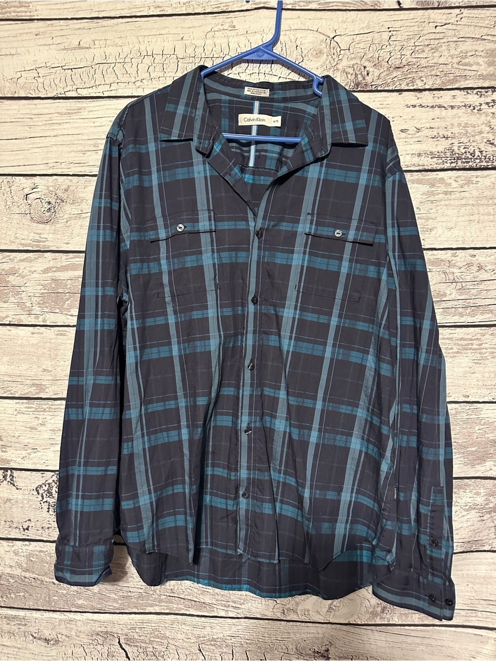 Calvin Klein Plaid Button Down Shirt Men’s XL Blue Gray L/S Cotton Casual